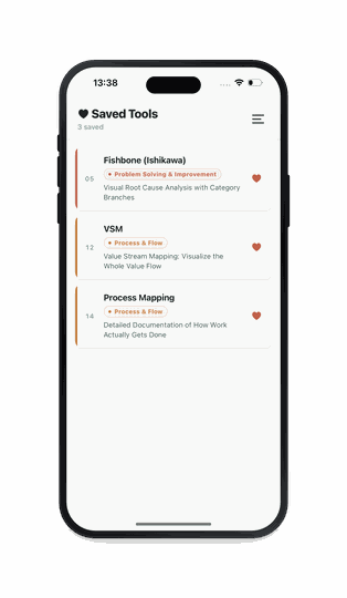 Quality Excellence Tools Reference app — saved tools screen
