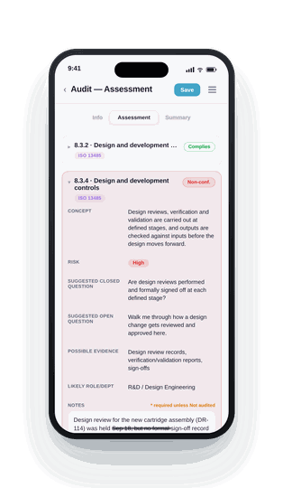 Standard Auditing app — assessment screen