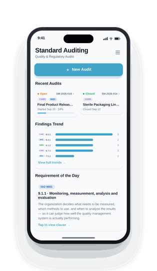 Standard Auditing app — home screen
