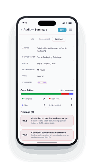 Standard Auditing app — summary screen